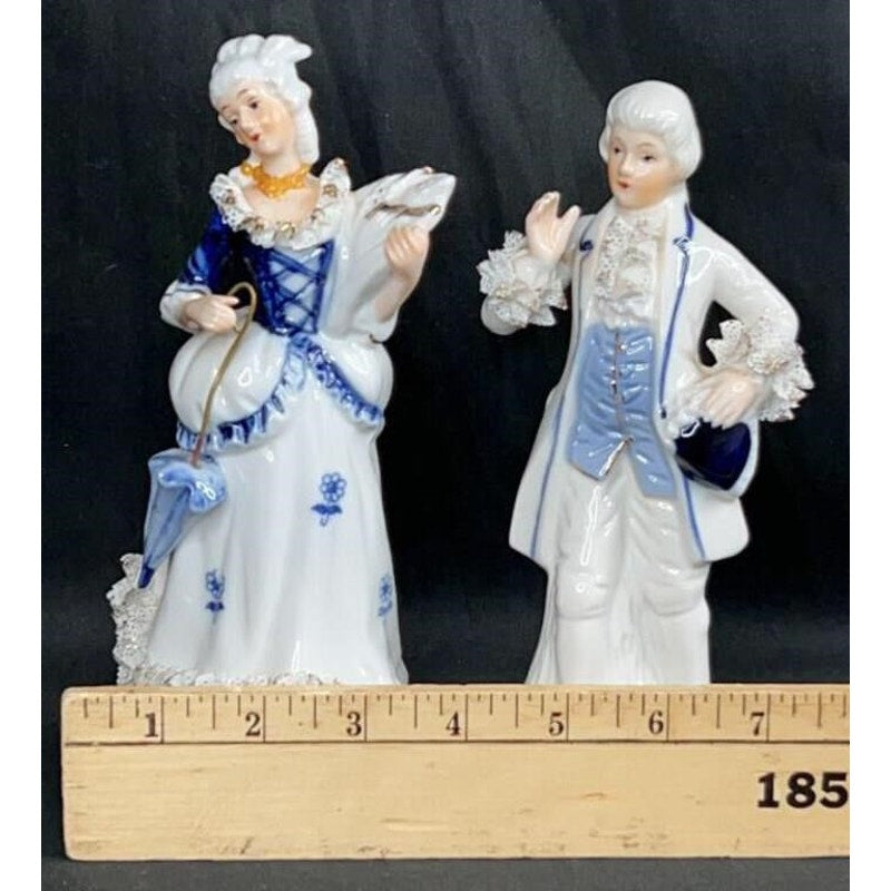 Victorian Style Blue White Porcelain Figurine Pair w/ Gold Accents Hand Painted