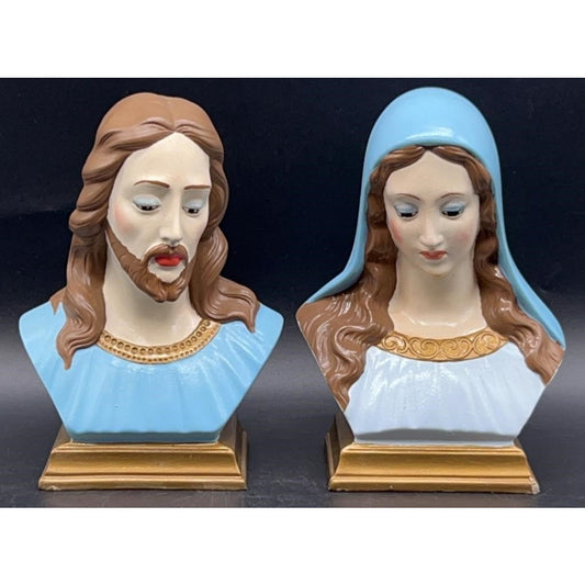 VTG Holland Mold Jesus & Mary Hand-Painted Ceramic Busts 5×3.75×7″