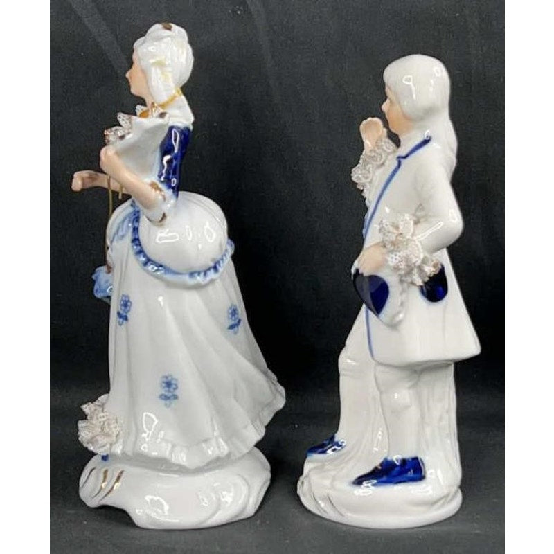 Victorian Style Blue White Porcelain Figurine Pair w/ Gold Accents Hand Painted