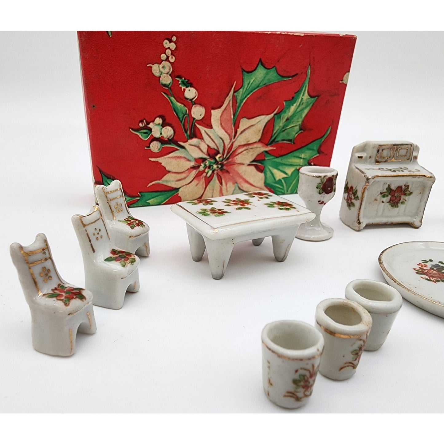 Vintage Porcelain Miniature Dollhouse Furniture Set 19pc Floral 22K Gold Japan