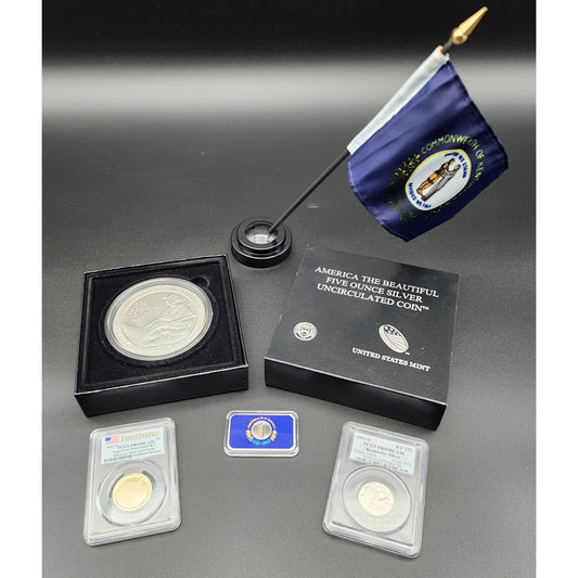 Kentucky Heritage Silver Set: 5oz Cumberland Gap, 1oz Flag Bar, Silver Quarter, $1 Bluegrass Coin