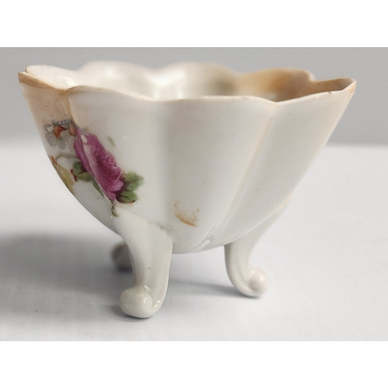 Antique German Hand Painted Porcelain Bowl Set 3pc Floral Scalloped Pedestal