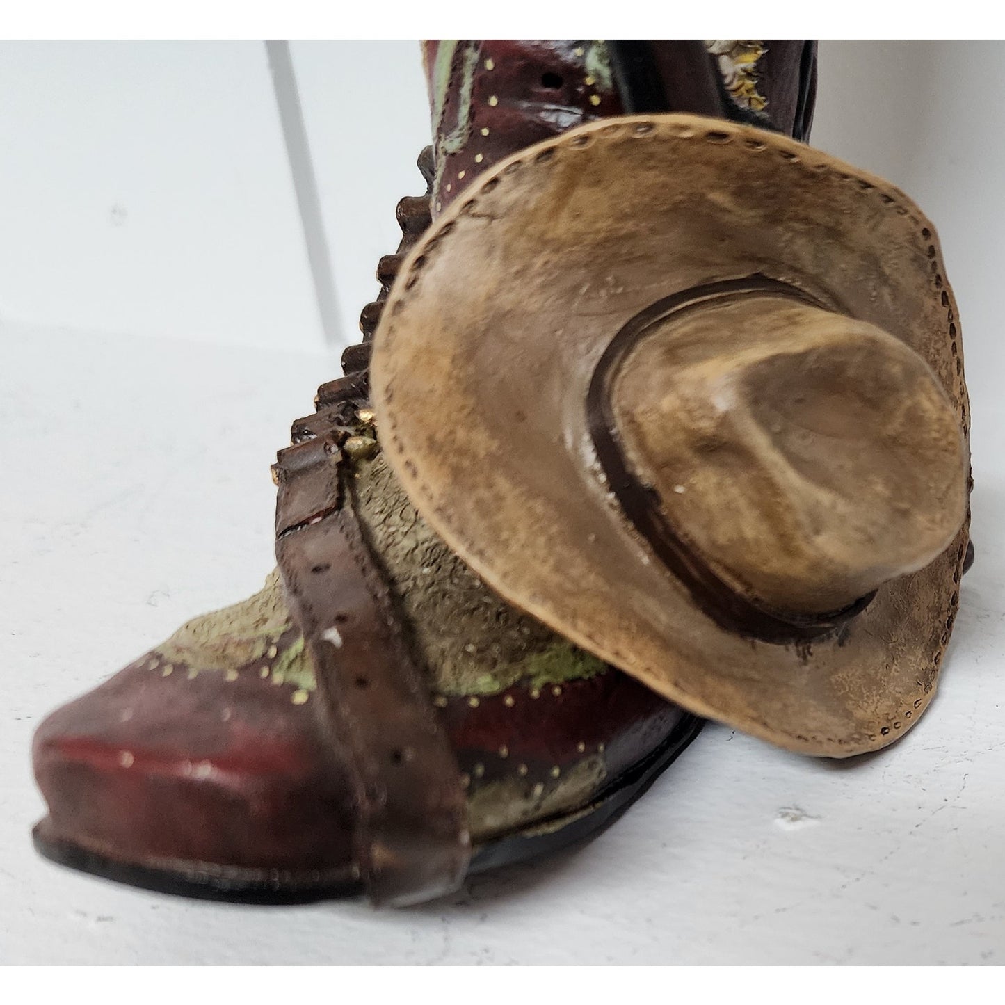 Vintage Handpainted Western Boot Figurine w/ Hat & Rifle Resin Hand Painted 5.5"