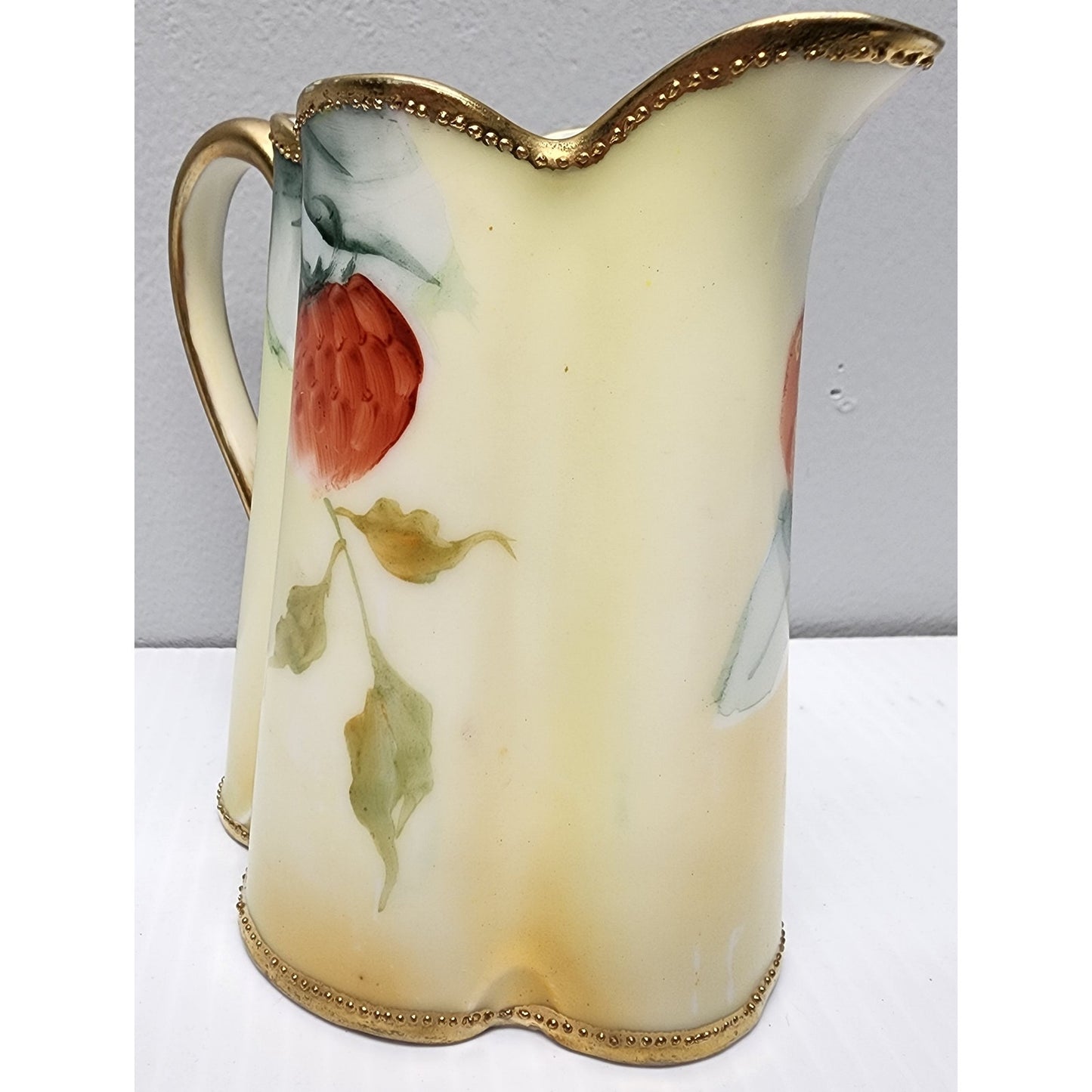 Antique Nippon Hand Painted Pitcher Gold Trim Leaf Mark Japan 4" Floral Berry