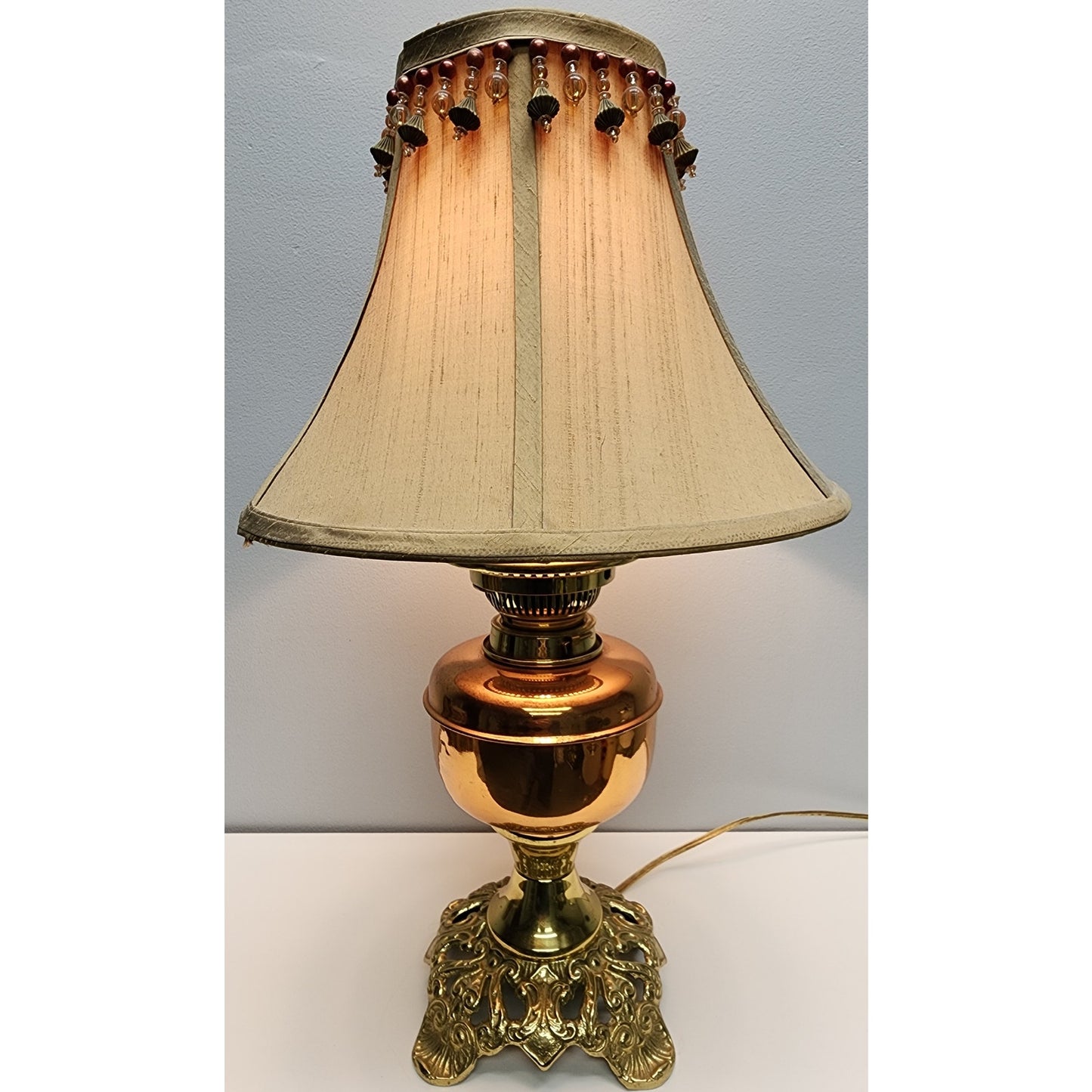 Vintage Brass Copper Gold Tone Table Lamp w/ Tassel Shade 20" Works - Beautiful!