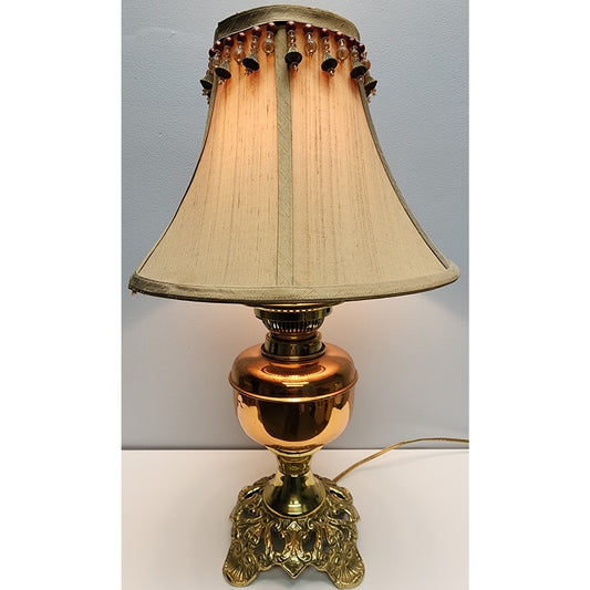 Vintage Brass Copper Gold Tone Table Lamp w/ Tassel Shade 20" Works - Beautiful!