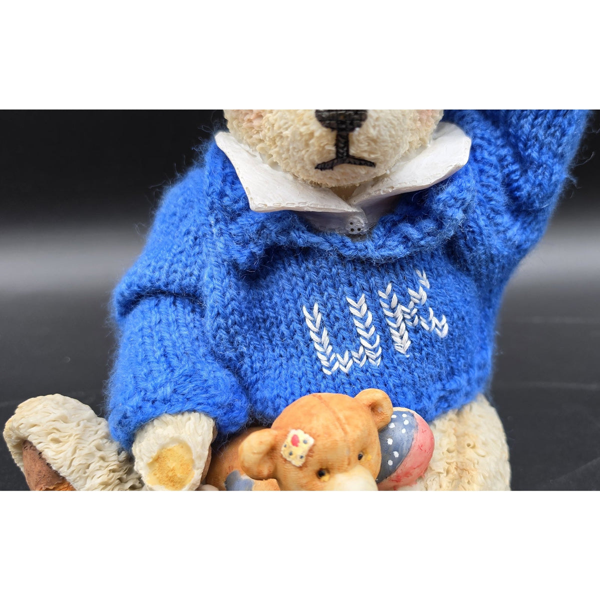 Vintage UK Bear Figurine Knit Royal Blue Sweater Cross Stitch UK Basketballs 8"