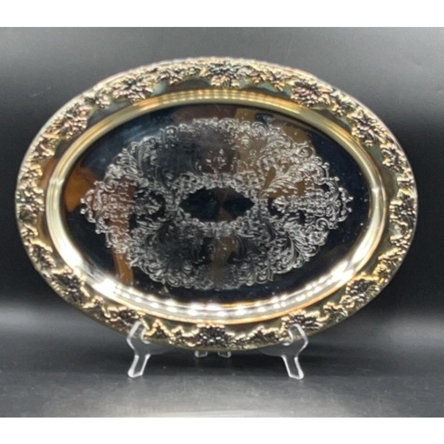 1980s Godinger Silver Plated Grape Oval Relish Tray w/ Glass Insert 16x12 VTG