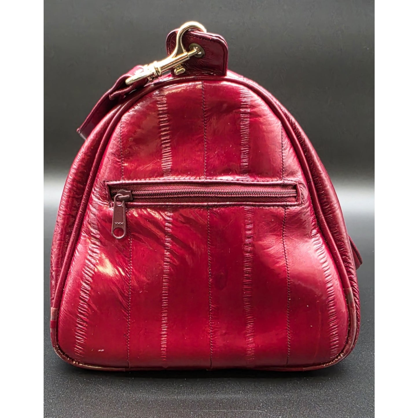 Vintage Genuine Eel Skin Burgundy Handbag Korea w/ Strap & Brass Hardware