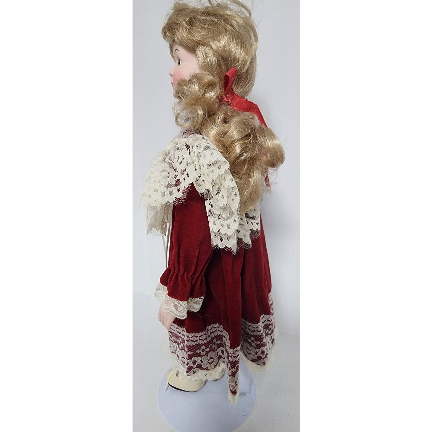 Vintage Tender Hearts Porcelain Doll No. 594 Red Velvet Lace Dress w/ Stand