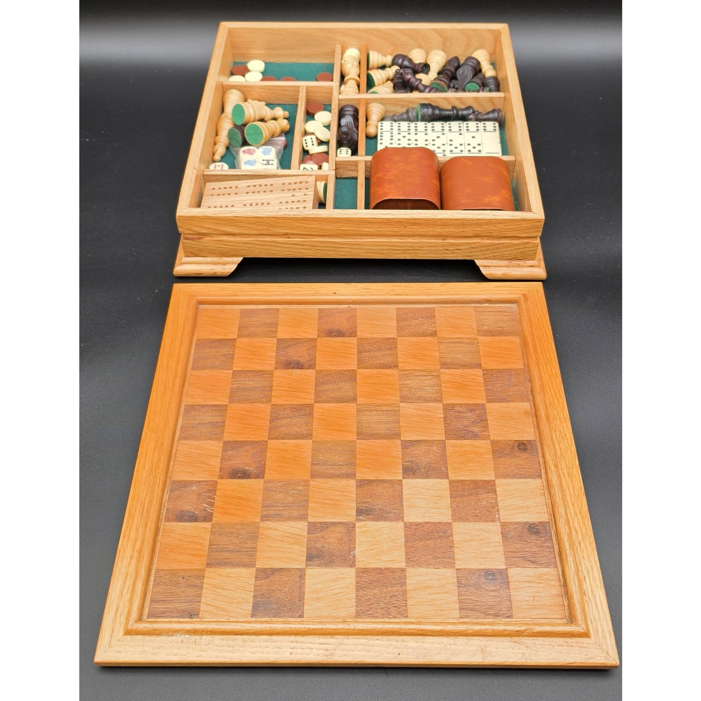Vintage Wood Multi‑Game Set Chess Backgammon Cribbage Dominoes Dice 12x12