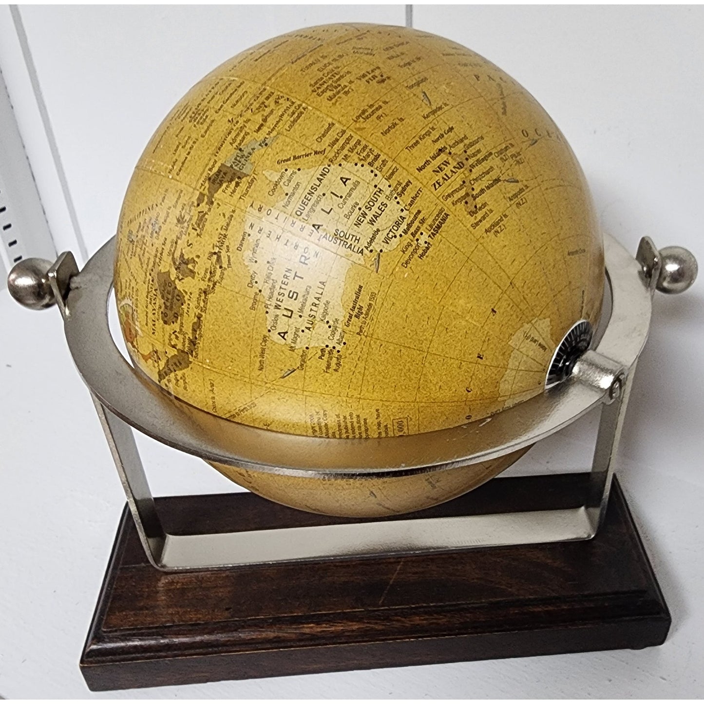 Vintage 360° Rotating World Globe on Walnut Base w/ Nickel Axis Rings