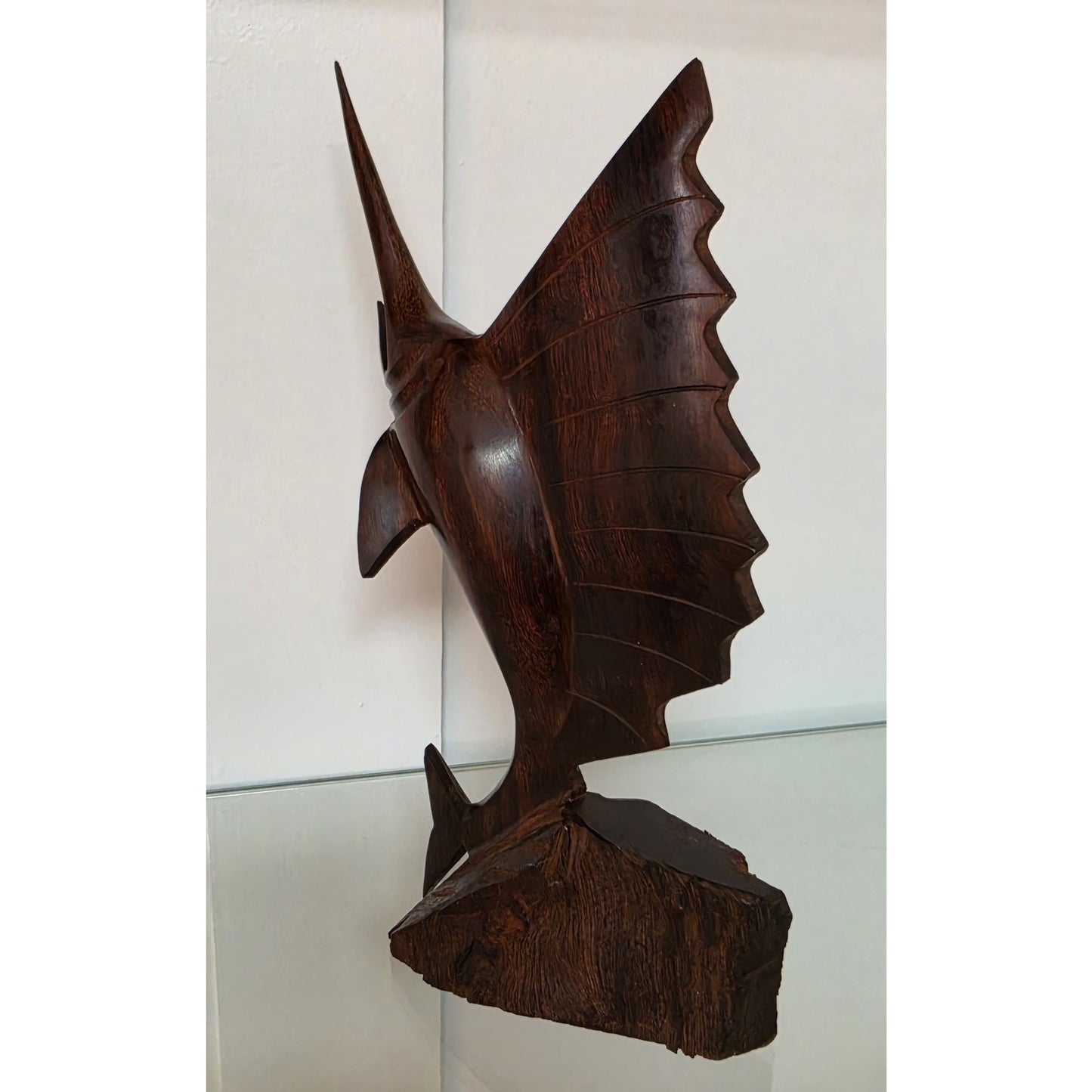 Vintage Hand‑Carved Mahogany Swordfish Statue 8.5" Elegant Wood Art - Beautiful