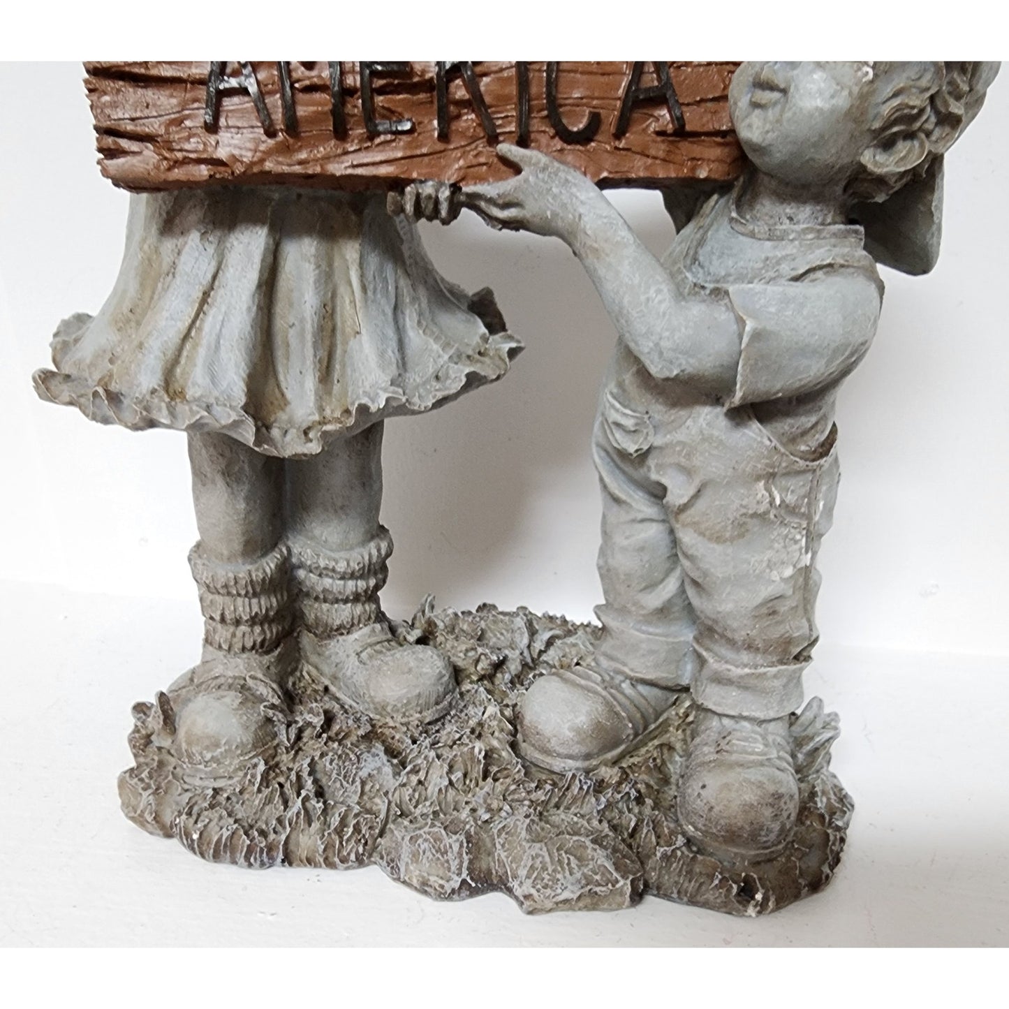 Vintage Resin Children Figurine Holding “God Bless America” Sign 11.5" Patriotic