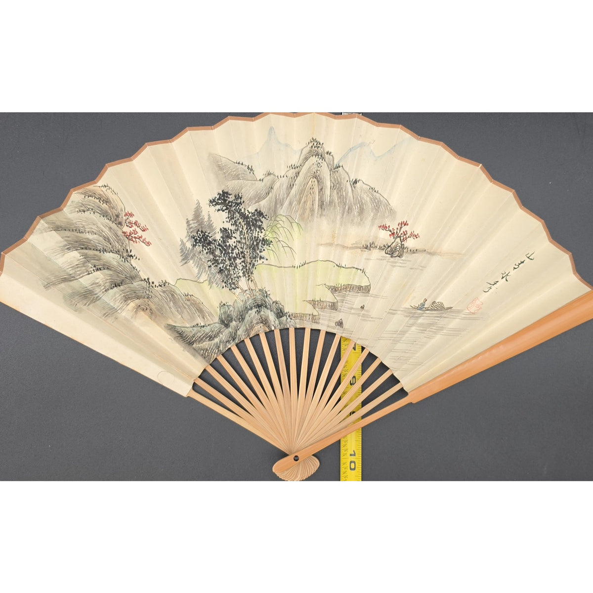 Vintage Chinese Hand Painted Landscape Folding Fan Calligraphy Poem Bamboo Frame