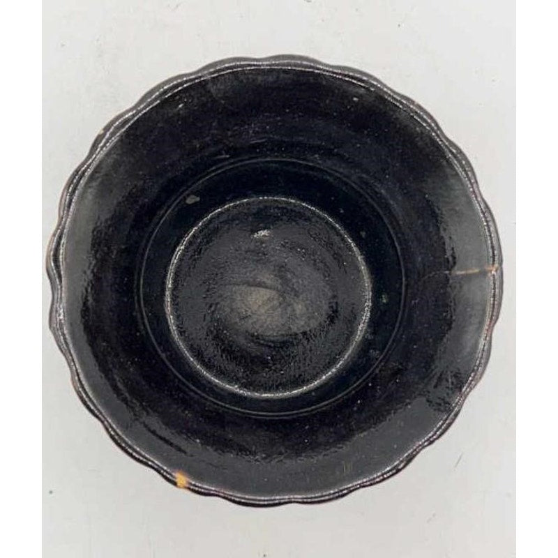 VTG Glazed Stoneware Spittoon Floral Pattern 7" Dark Glaze w/ Repair