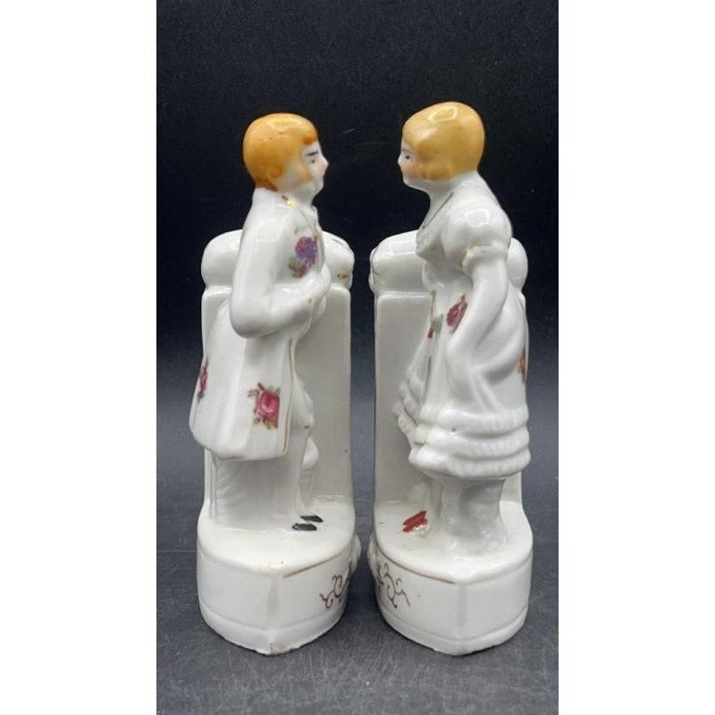 VTG Japanese Porcelain Colonial Man & Woman Bookends Hand-painted; 22K Gold Accent 5.25"