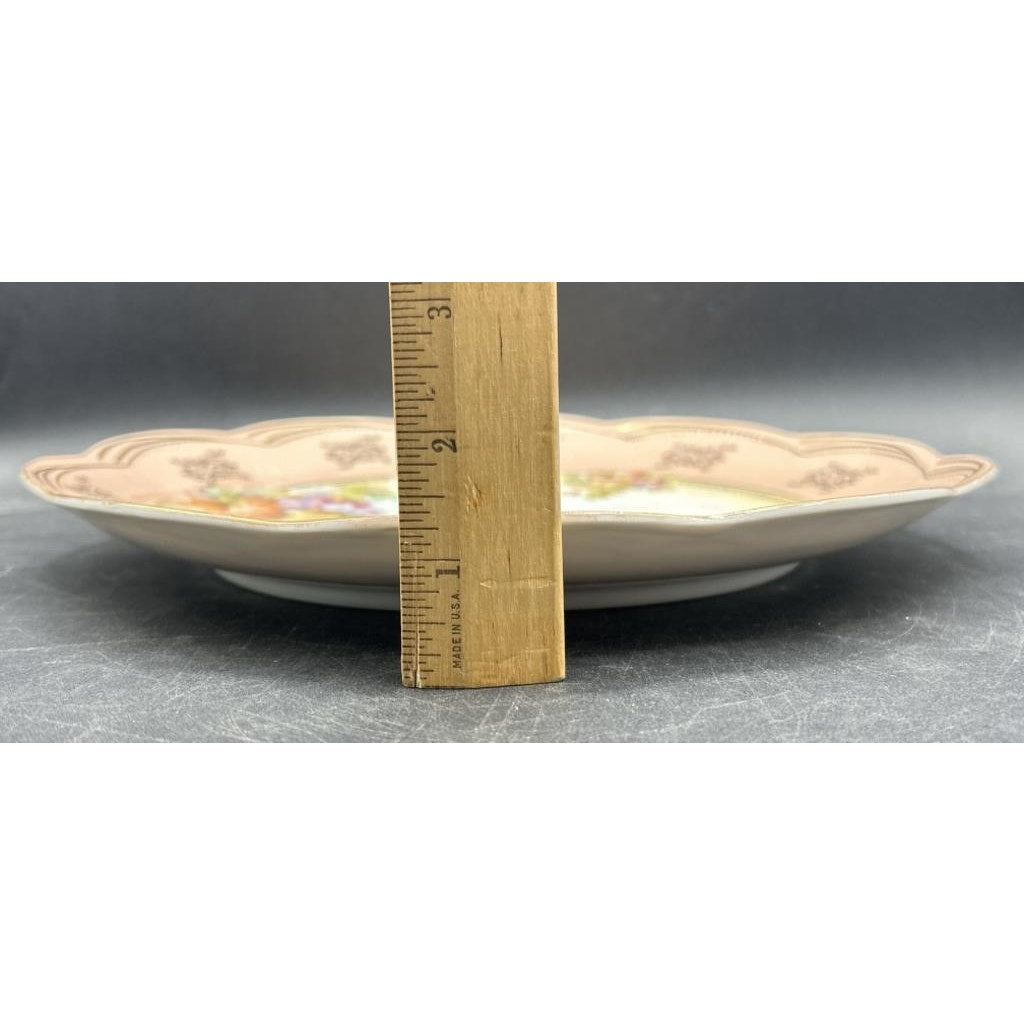 Antique German Porcelain Bowl Grapes Gold Trim Pink Rim Scalloped 12"