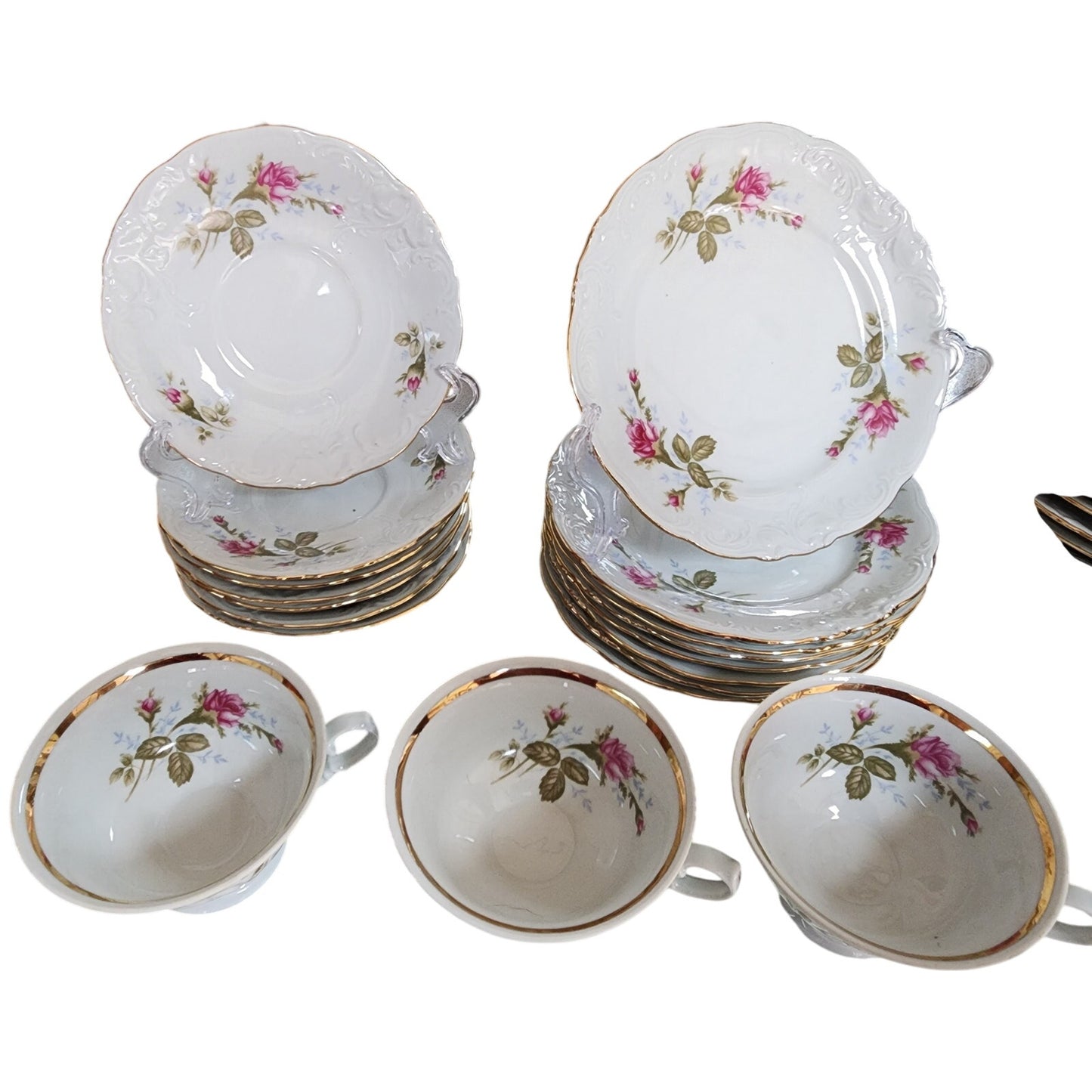 Vintage Wawel Pompadour Rose China 42 Pc Dinner Set Gold Gilded Rims Poland Made