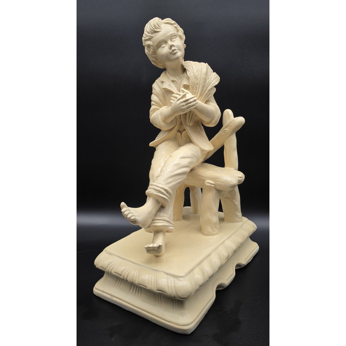 Vintage Pale Yellow Alabaster Boy Sculpture on Rustic Bench 18.5" 11 lbs