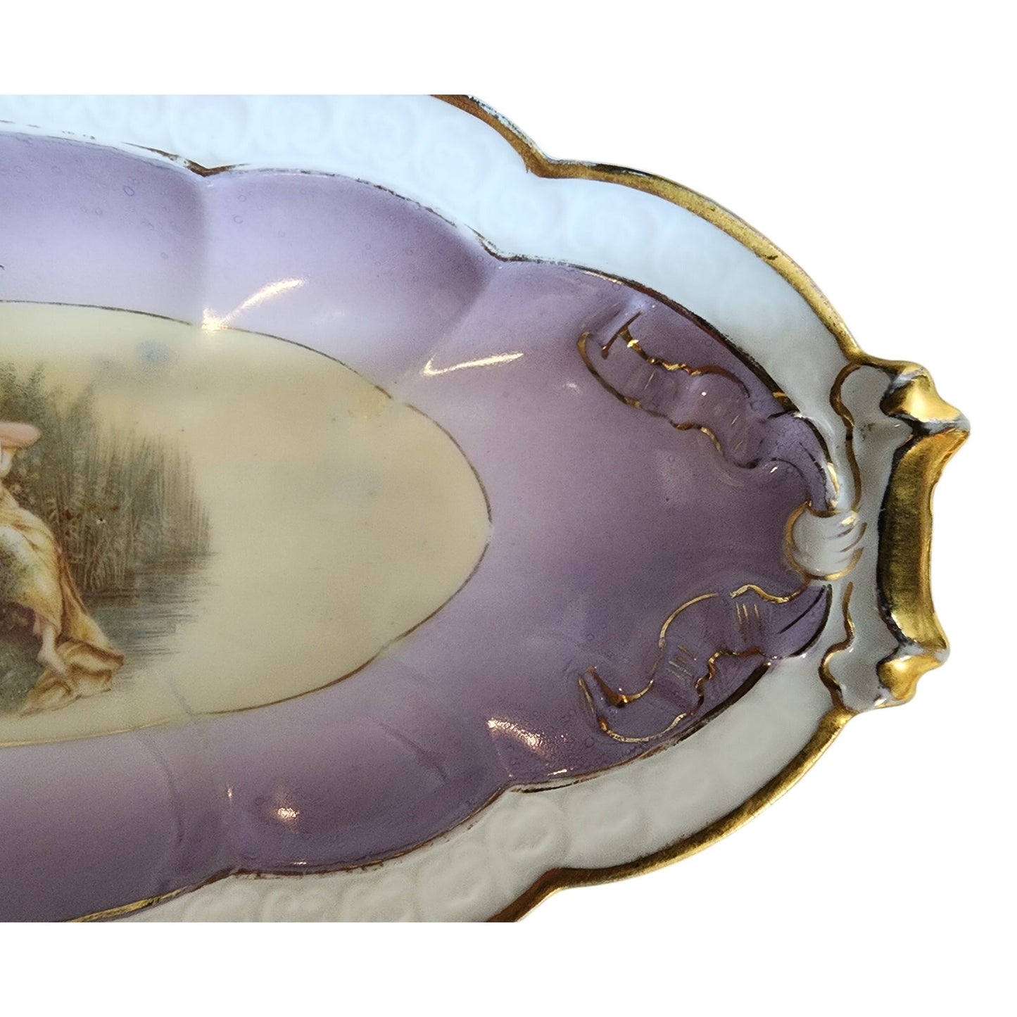 VTG R.C. Carmen Bavaria Oval Nut Tray  Lady Scene  Gold Rim Scalloped 9"