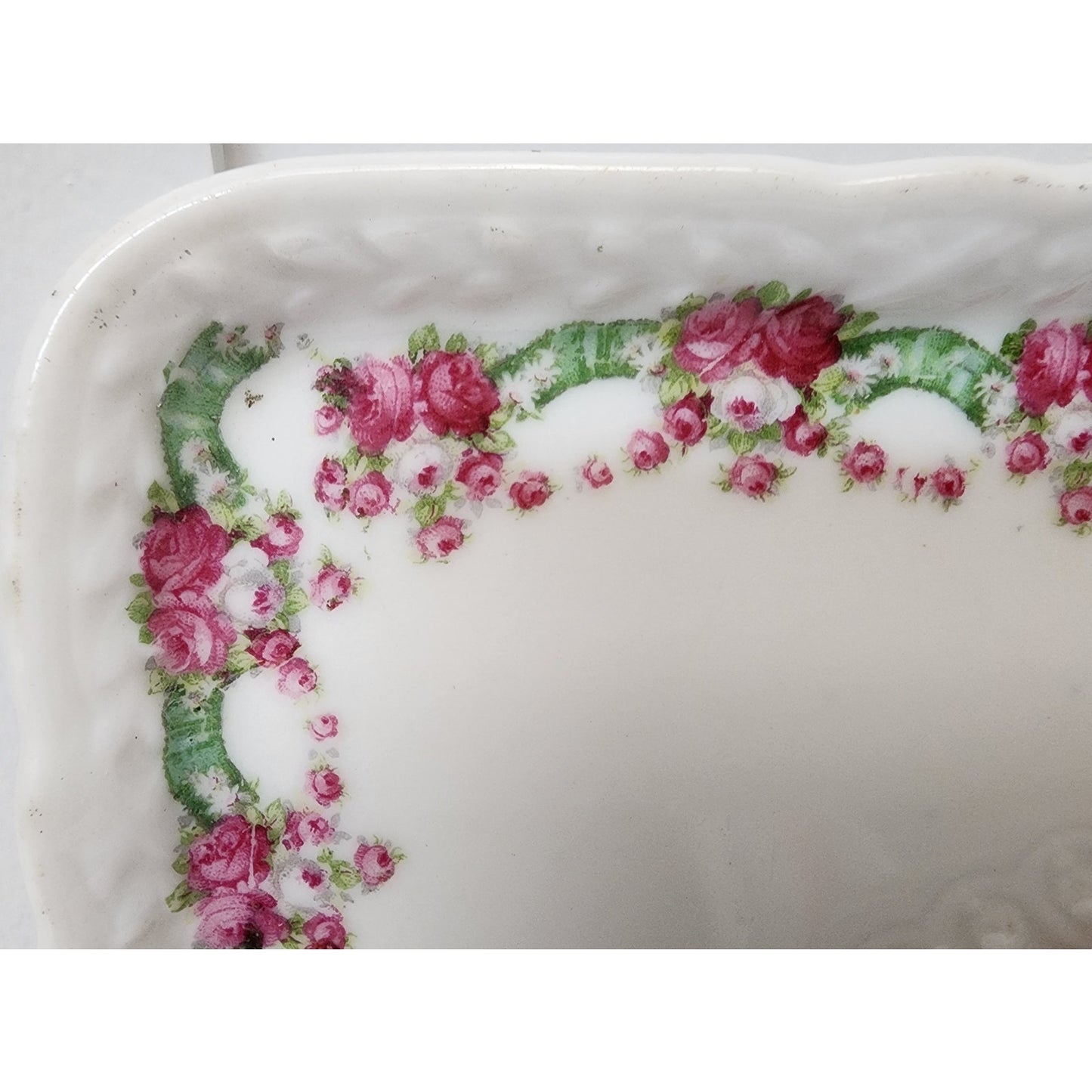 VTG Hand Painted Porcelain Tray Shepherd Boy w/ Sheep Roses Border Scalloped 9"