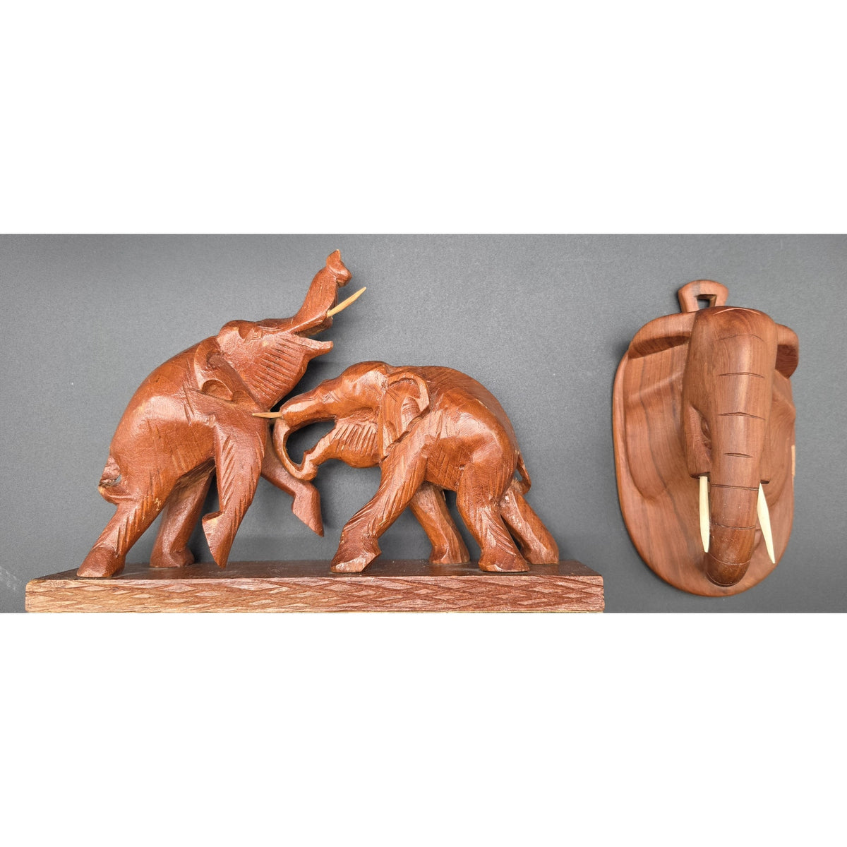 Vintage Hand Carved Wood Elephant Set Wall Hanging Plaque & Mantel Figurine Art