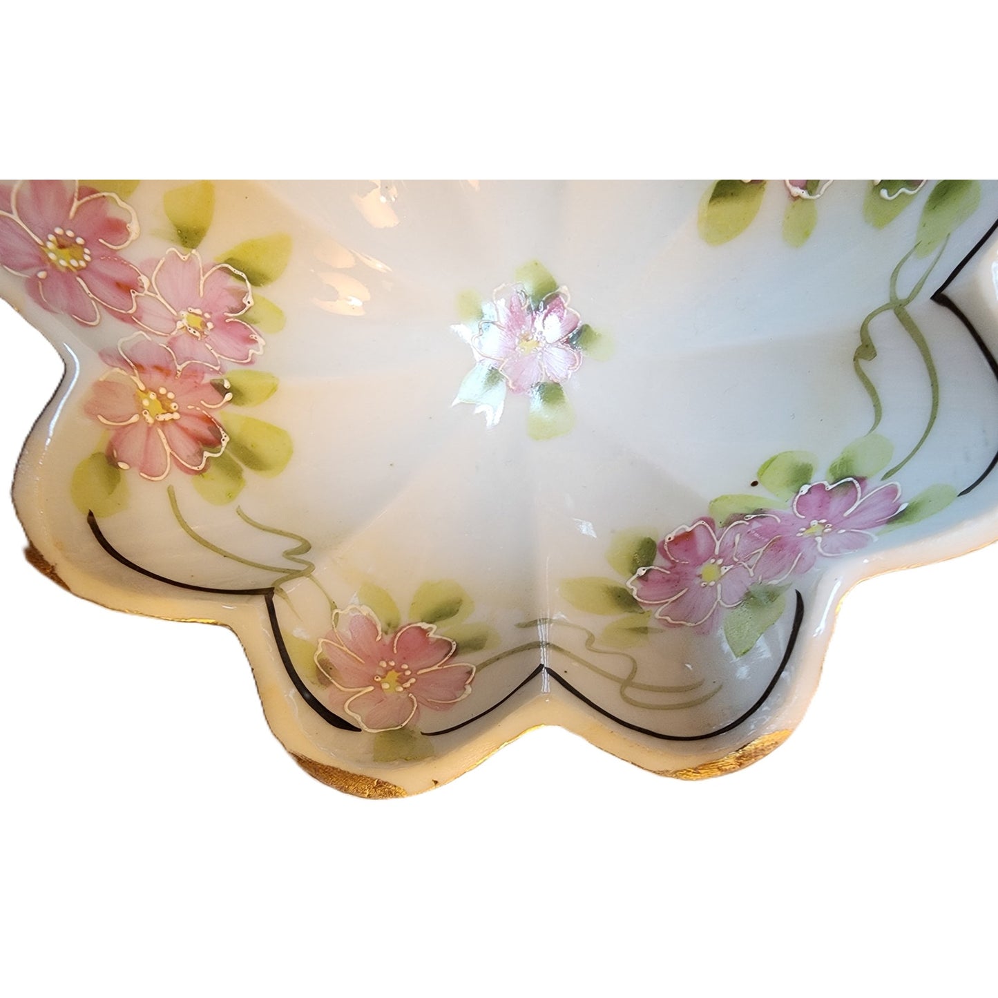 Vintage Japan Footed Dish Pink Floral Gold Gilt Scalloped Porcelain 5" Bowl