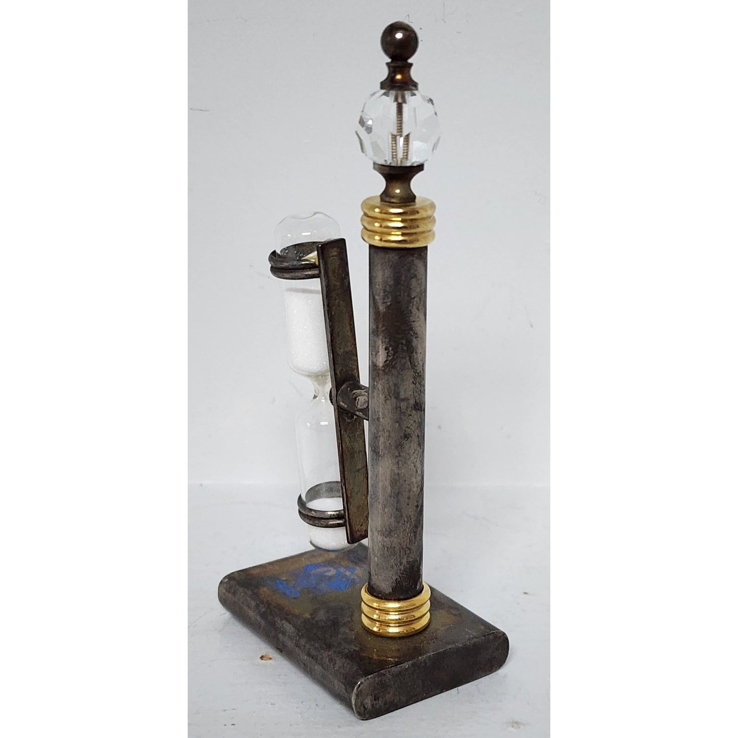 Vintage Brass Hourglass Timer on Stand – 3‑Min Promo Piece, Crystal Finial