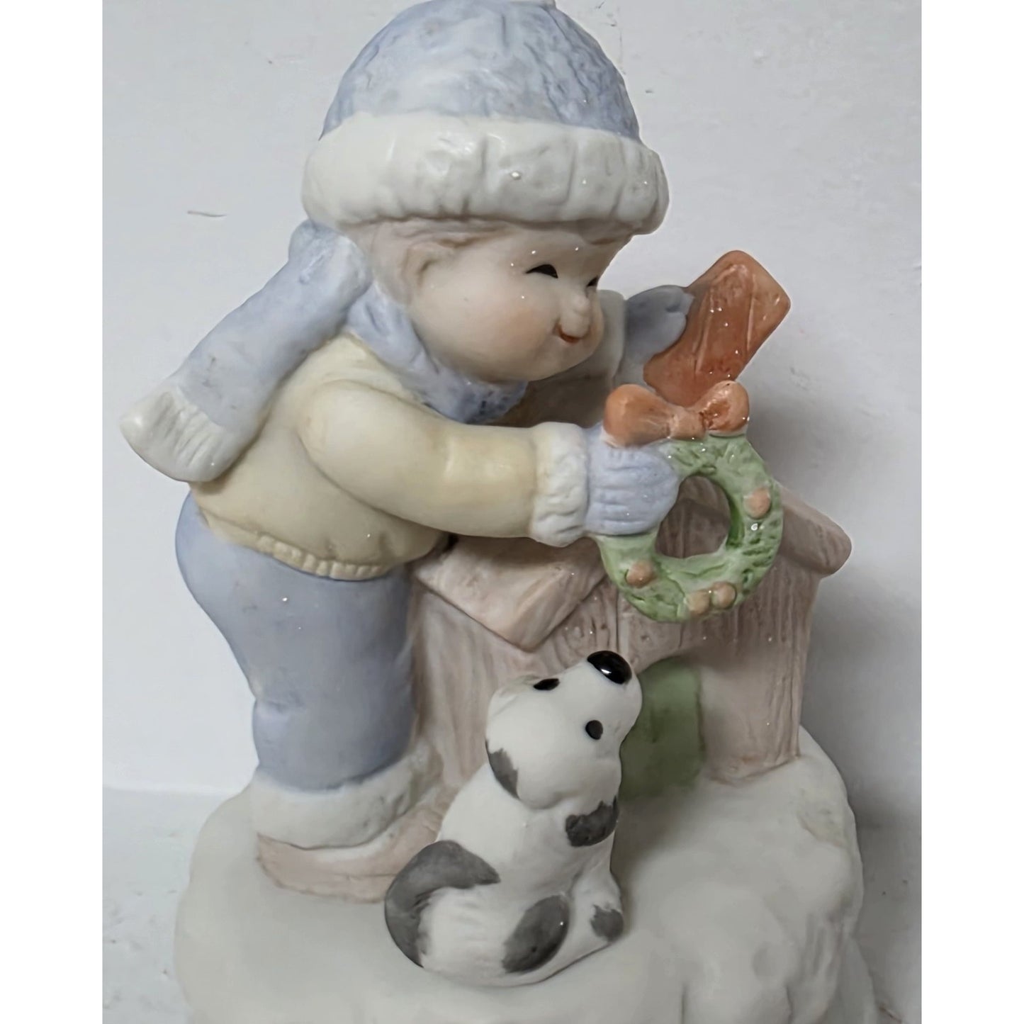 Vintage Boy & Dog Christmas Music Box Rotating Porcelain Figurine