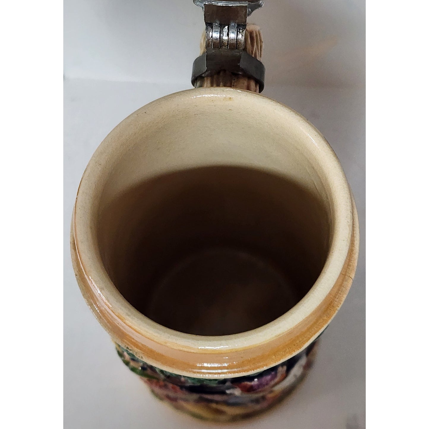 Vintage German Beer Stein Pewter Lid Hand Painted Relief 9.5" Heavy Ceramic