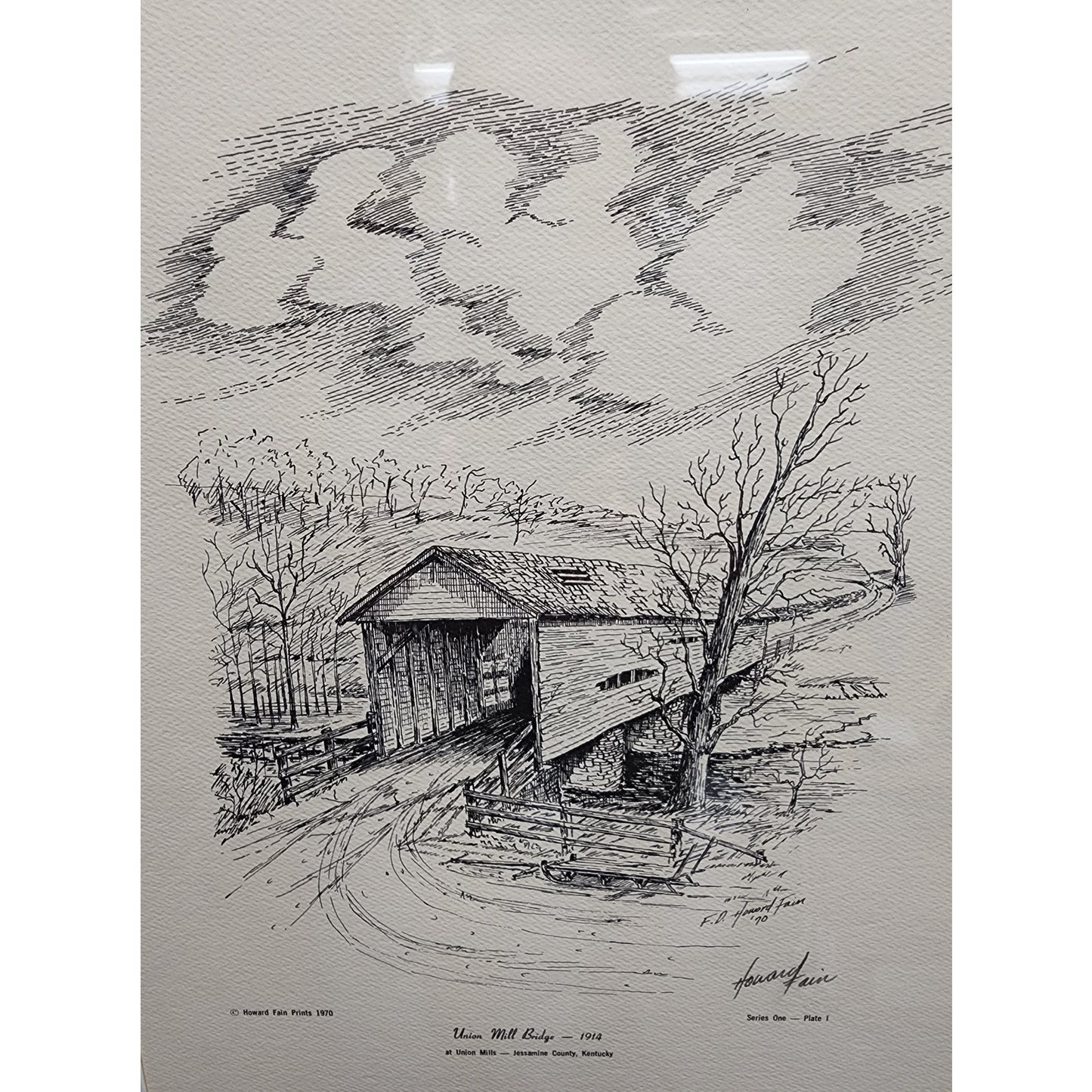 Union Mill Bridge 1914 Signed Lithograph Howard Fain • Framed 16.5x20.75 1970