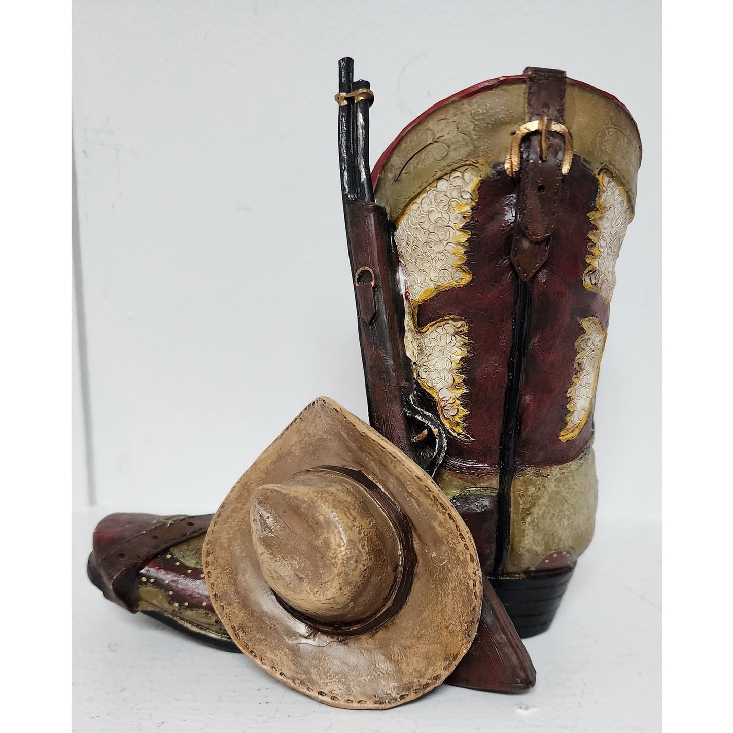 Vintage Handpainted Western Boot Figurine w/ Hat & Rifle Resin Hand Painted 5.5"