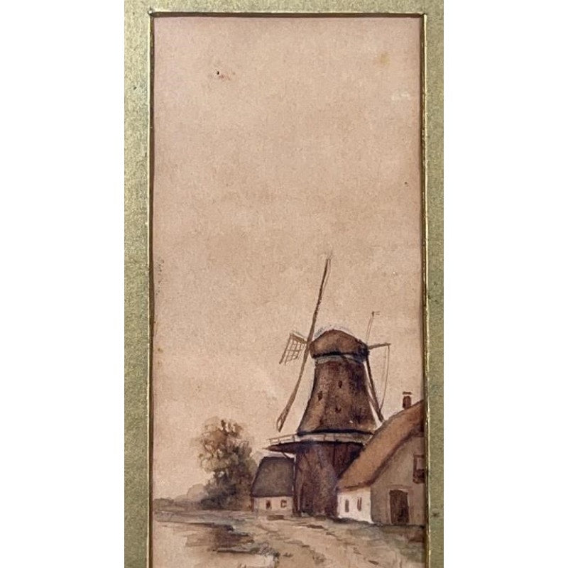 Antique F.J. Du Chattel Dutch Windmill Watercolor, Signed, Ornate Gold Frame