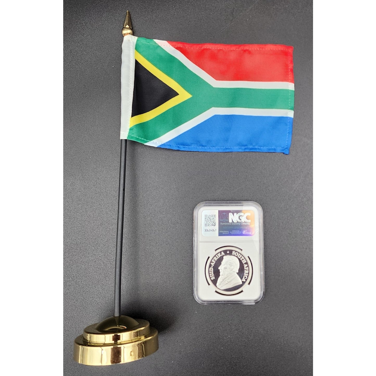 2025 SA Krugerrand PF70 FDOI NGC Fine Silver 1oz + Mini South Africa Flag Set