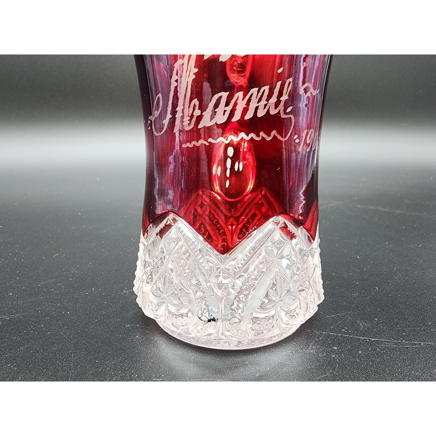 1903 Ruby Stained Cut Glass Pitcher Souvenir Etched Name 4.25” Antique