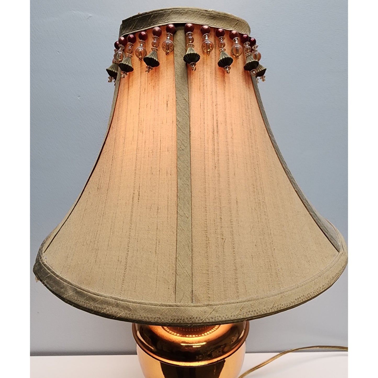 Vintage Brass Copper Gold Tone Table Lamp w/ Tassel Shade 20" Works - Beautiful!