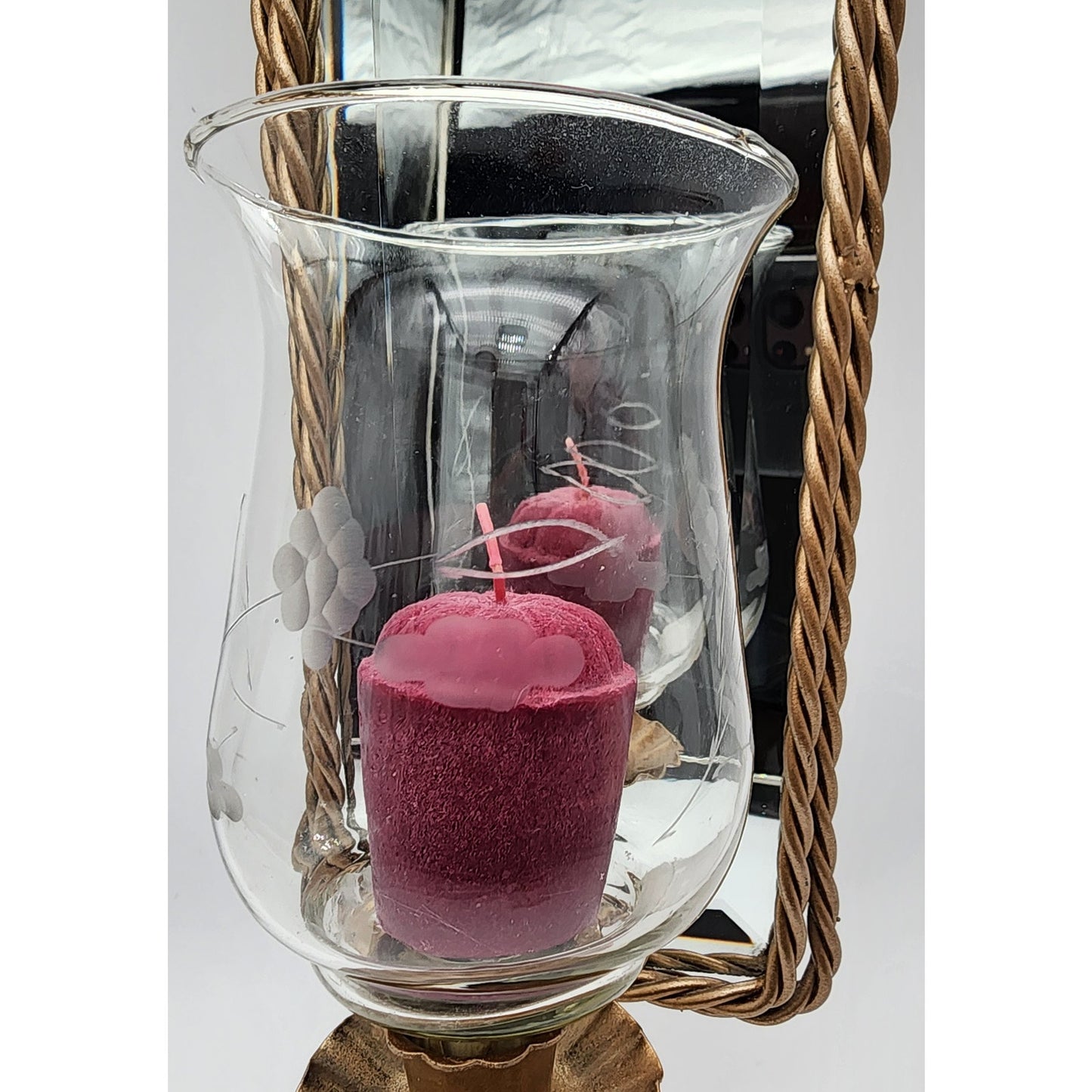 Antique Gold Wall Mirror Candle Holder – Etched Glass Hurricane w/ Purple Candle