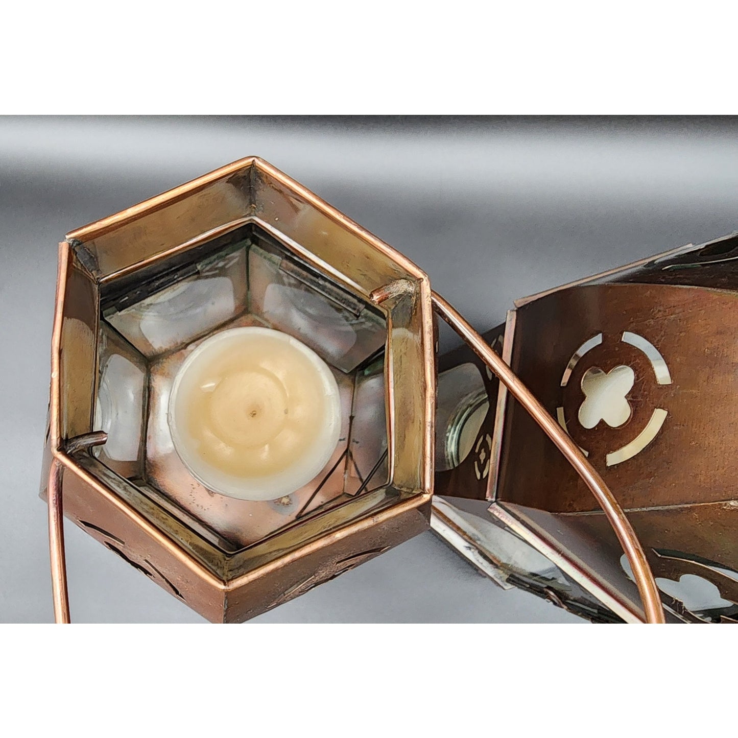 Pair Bronze Hexagon Metal Candle Lanterns w/ Glass Panels & Candles 18.5"
