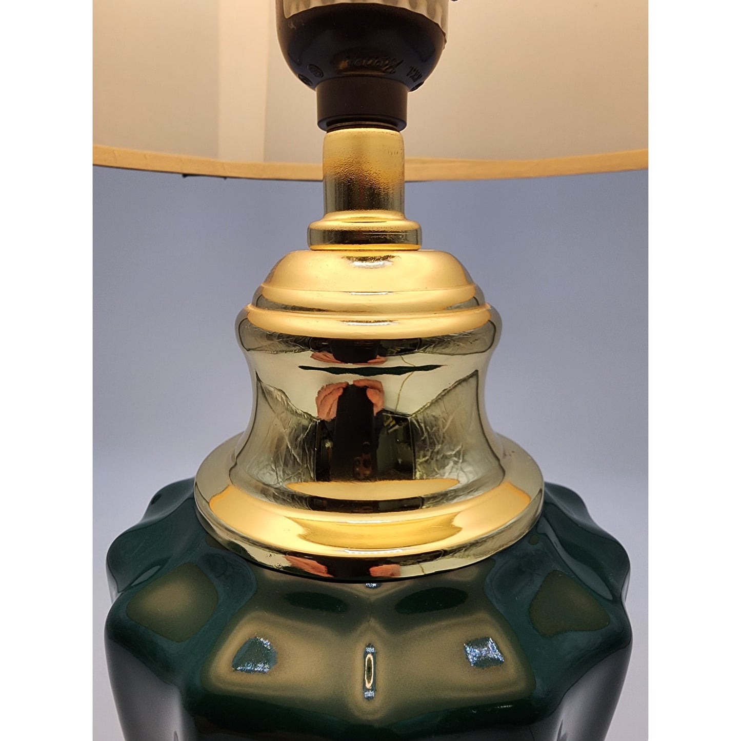 Modern Vintage Forest Green Ceramic & Gold Table Lamp 21" Tall w/ Pleated Shade