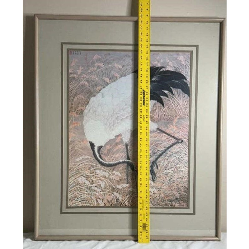 Vintage Japanese Crane Artwork Framed & Matted 33x39" Rice Field Scene
