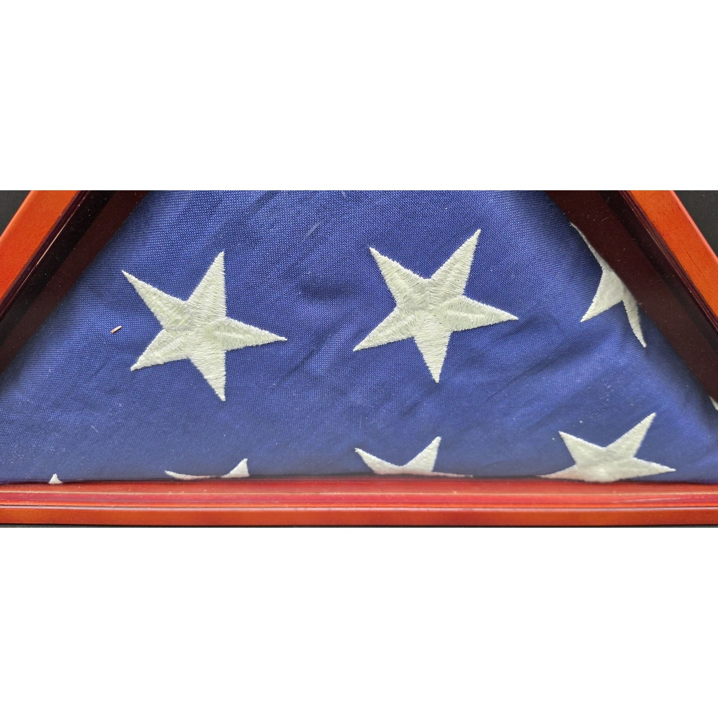 Vintage US Veteran Burial Flag in Solid Wood Triangular Display Case