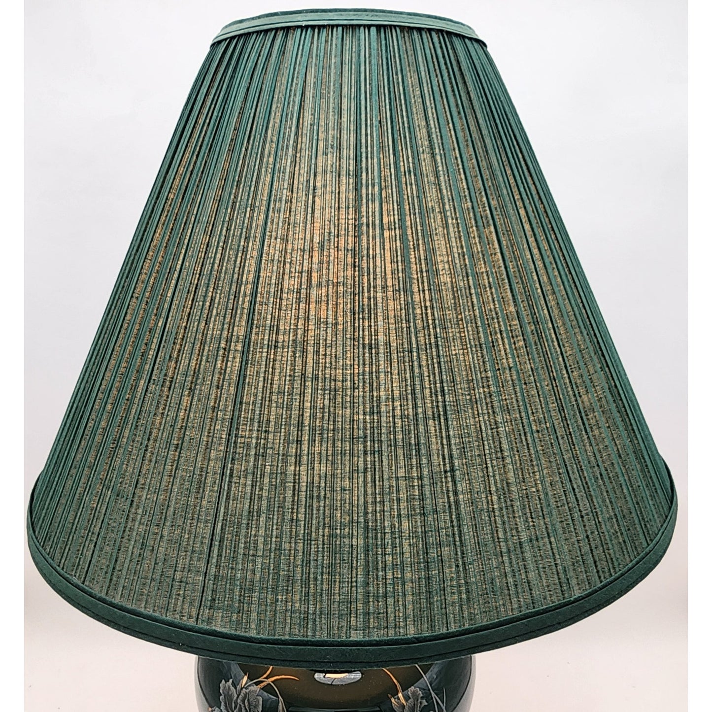 Vintage Forest Green Ceramic Lamp & Shade 30.25"H w/22K Gold Floral 3Way Switch
