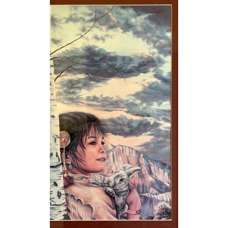 Vintage Jonnie’ Ko Kostoff Signed Serigraph Native American Girl w/ Rabbit 1990