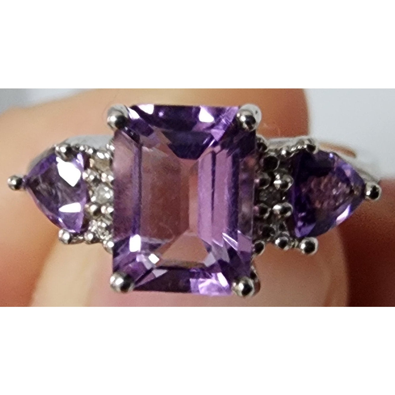 Vintage Sterling Silver Amethyst Ring w/ Mini Diamonds Size 7 + Gift Box