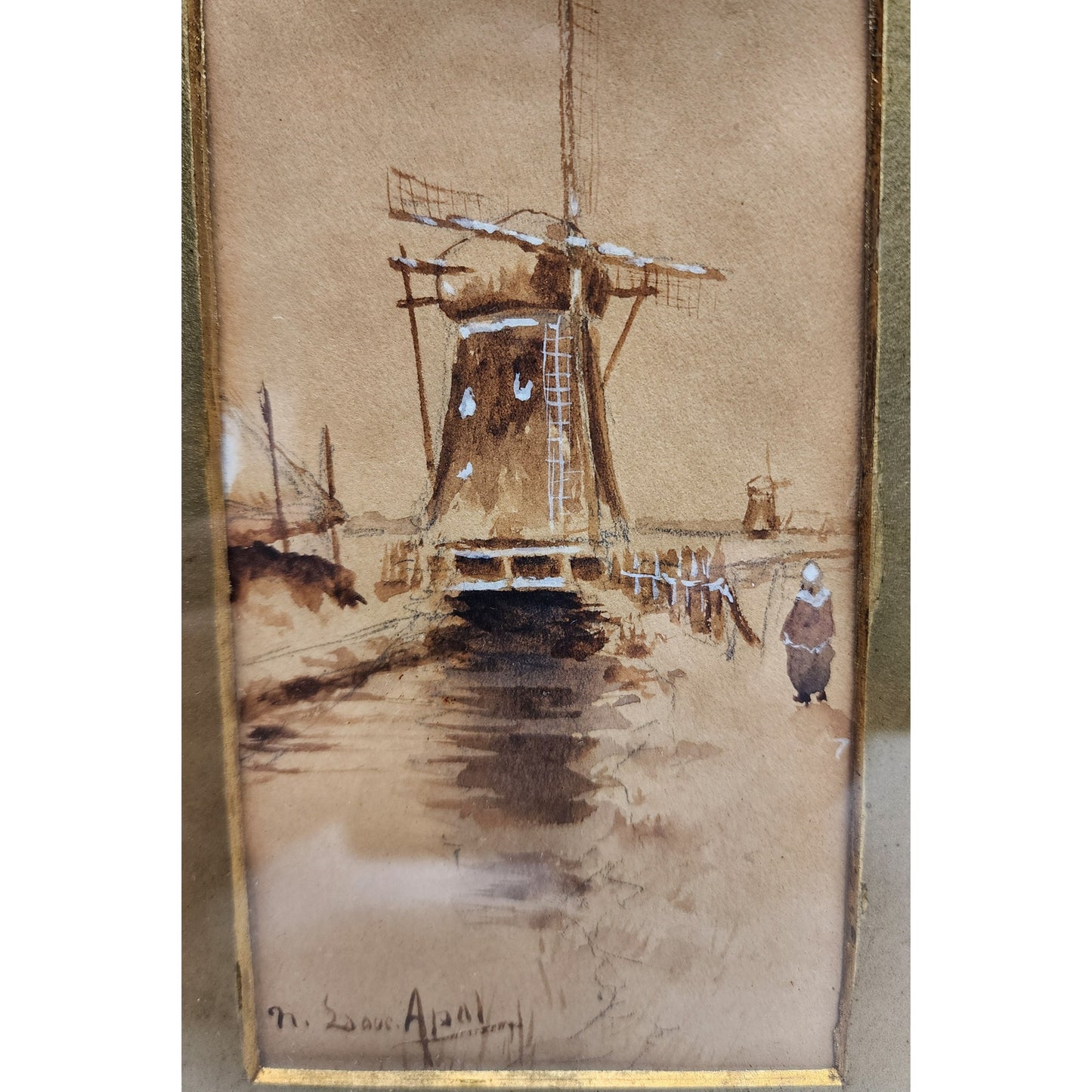 Antique Louis Apal Dutch Windmill Original Watercolor Gold Ornate Frame RARE