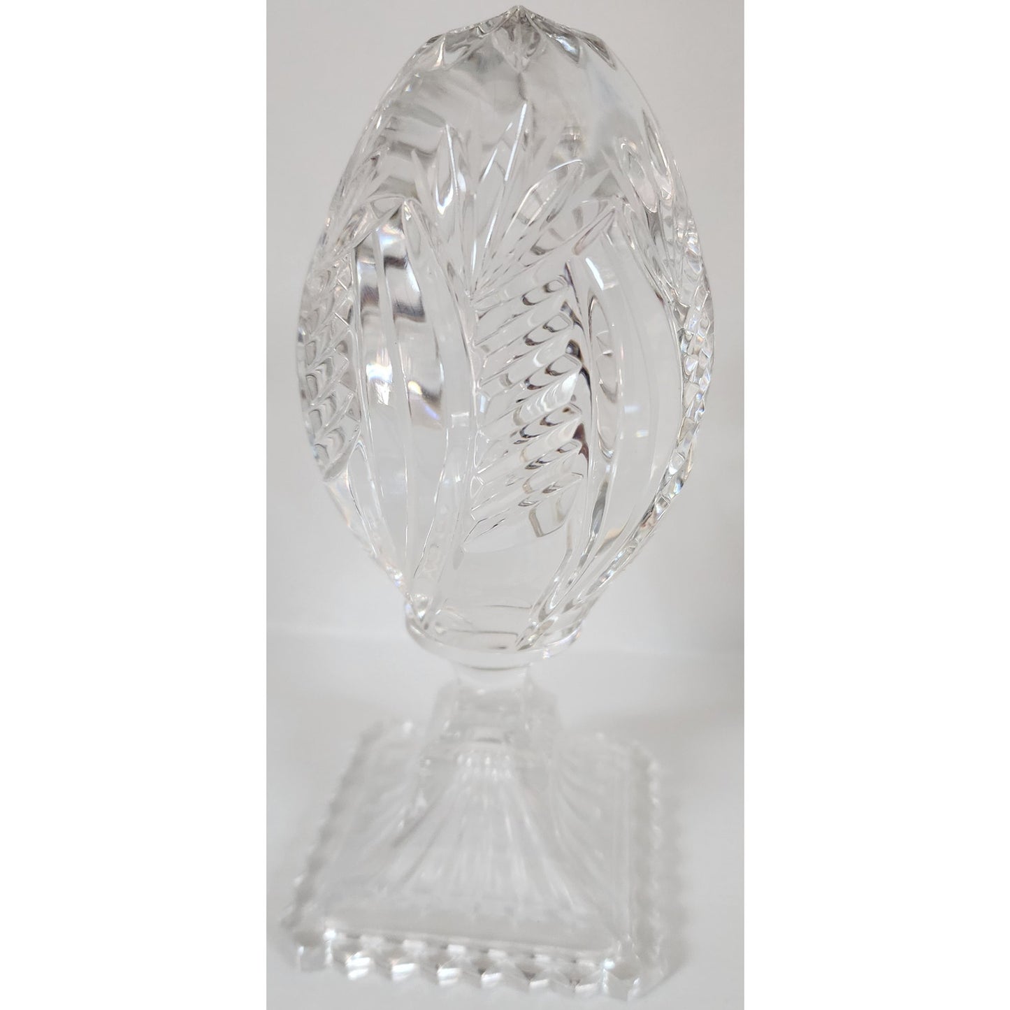 Vintage Lead Crystal Cut Glass Egg on Pedestal Base 7.25" Starburst & Leaf Motif