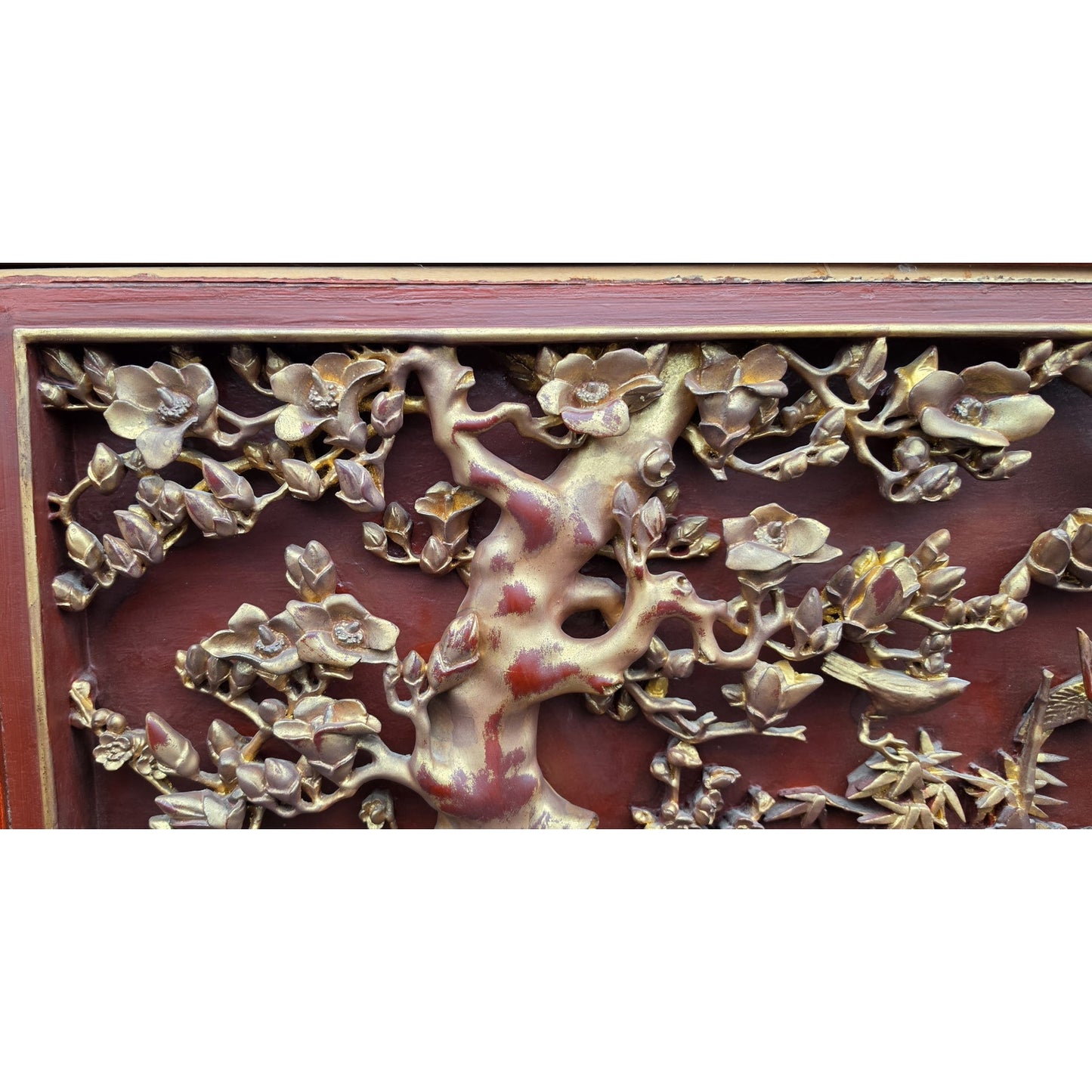 Vintage Chinese Carved Wood Panel & Header – Birds & Blossoms – Gold Detail - Rare