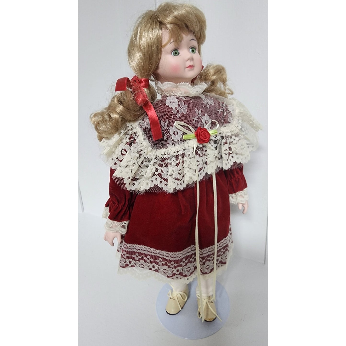 Vintage Tender Hearts Porcelain Doll No. 594 Red Velvet Lace Dress w/ Stand