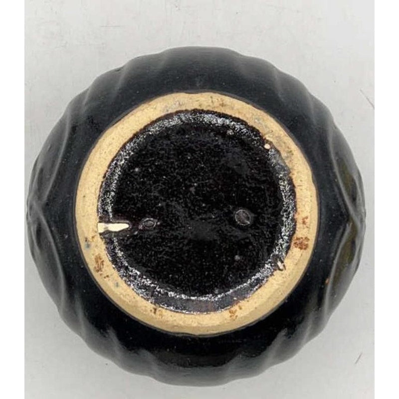 VTG Glazed Stoneware Spittoon Floral Pattern 7" Dark Glaze w/ Repair